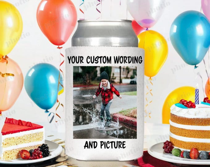 Set of 24  Birthday personalized Can Insulators with your Picture or photo. Beer hugger Great for Birthday parties or Gift.
