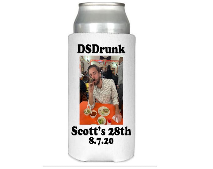 12 Slim Size scuba foam Birthday Can Coolers with your Picture or photo - Great for Bachelorette parties, A Birthday party or Gift.