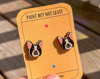 Hand-Painted French Bulldog Stud Earrings | Lightweight Wood