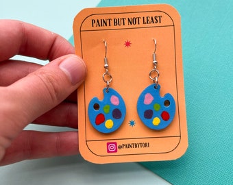 Small Artist Palette Earrings | Blue and rainbow painter's mixing trays | Art teacher earrings