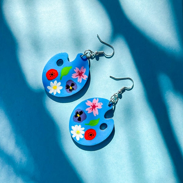 Floral Artist's Palette Earrings | Hand-painted wood | Bright blue with rainbow flowers