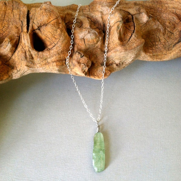 Green Kyanite Necklace, sterling silver, gemstone, simple, hippie, minimalist, everyday wear