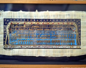 Goddess NUT Bending Over Cosmos * 1999 Vintage *EGYPT * Hand Painted on PAPYRUS * Framed 25'" x 16 " * Painting 20" x 11 " *