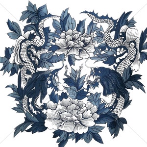 Untitled, ORIENT, ASIA, Two Dragon KOI Fish With Chyrsanthemums, in White and Blues, Print, 12&quot; x 12&quot;