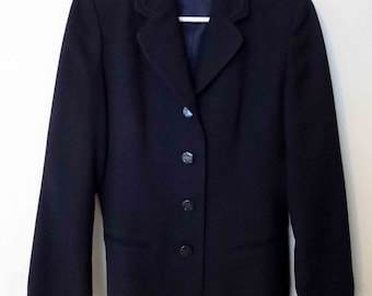 VINTAGE Jennifer Moore Navy WOOL BLAZER Lined W/Besom Pockets, Double Rope Trim On Collar and Cuffs and New Buttons Size 6 Petite Superb