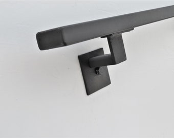 2"x1" Metal/Steel Handrail for stairs/steps, Satin Black Ultra-Modern Design w/Square Brackets Handmade in the USA