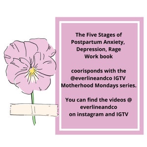 Op de afbeelding: Een roze en gele viooltje met een wit label op een stengel. De tekst op het label is wazig. De achtergrond is een roze rechthoek met de tekst "The Five Stages of Postpartum Anxiety, Depression, Rage Work book coorisponds with the @everlineandco IGTV Motherhood Mondays series. You can find the videos @ everlineandco on instagram and IGTV"