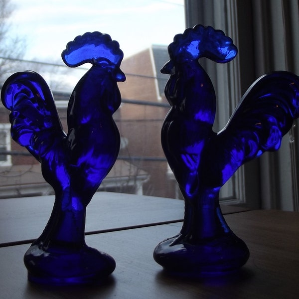 Vintage Cobalt Glass Rooster Collectible Figurines Set of 2