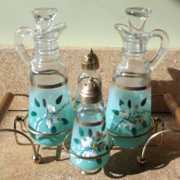 Vintage Frosted Aqua Glass Cruet and Brass Carrier Retro Housewares Vinegar and Oil Salt and Pepper