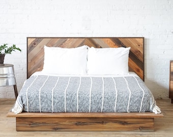 Chevron Low Pro Bed - Platform Bed Frame & Headboard - Rustic Modern Low Profile - Solid Wood - Cedar Barn Wood Style - Made in USA