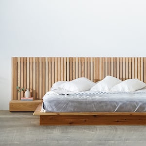 Handmade Solid Wood Platform Bed Frame – Extended Headboard with Floating Drawers