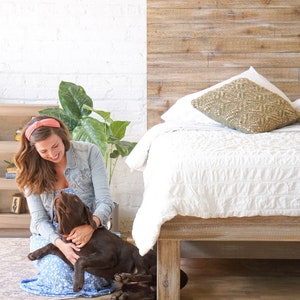 Natural solid wood platform bed frame with storage drawers. Modern, rustic design. Made in the USA. Sustainably sourced materials. Heirloom quality furniture. Bedroom. Home Storage. Headboard.