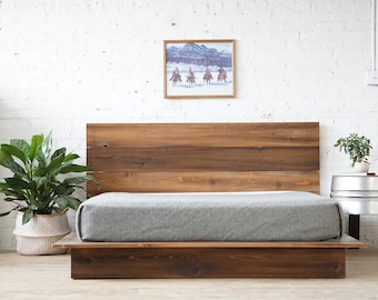 Low Pro Bed - Extra Tall Headboard - Rustic Modern Platform Bed Frame and Headboard - Loft Style - Solid Wood Handmade in USA