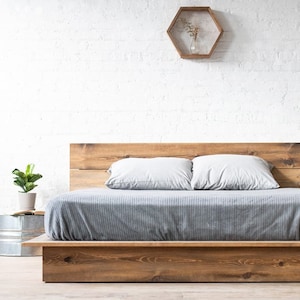 Ol' Weathered Plank Low Pro - Rustic Modern Platform Bed Frame & Headboard - Loft Style - Solid Wood Handmade in USA