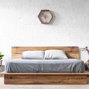 Natural solid wood platform bed frame. Modern, rustic design. Made in the USA.