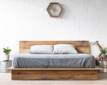 Ol' Weathered Plank Low Pro - Rustic Modern Platform Bed Frame & Headboard - Loft Style - Solid Wood Handmade in USA