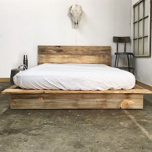 Natural solid wood platform bed frame. Modern, rustic design. Made in the USA.