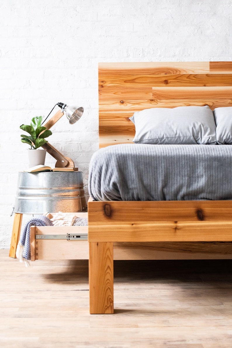 Natural solid wood platform bed frame with storage drawers. Modern, rustic design. Made in the USA. Sustainably sourced materials. Heirloom quality furniture. Bedroom. Home Storage. Headboard.