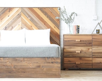 Rustic Chevron Stow Bed - Storage Bed - Drawers - Platform Bed - Natural Solid Wood - Made in USA