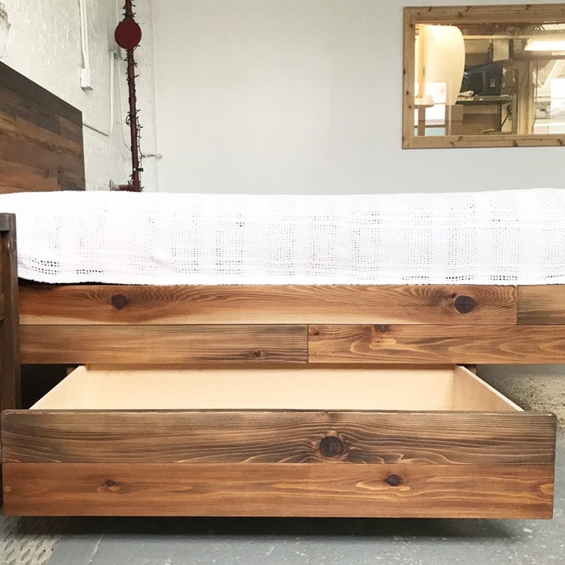 Natural solid wood platform bed frame with storage drawers. Modern, rustic design. Made in the USA. Sustainably sourced materials. Heirloom quality furniture. Bedroom. Home Storage. Headboard.