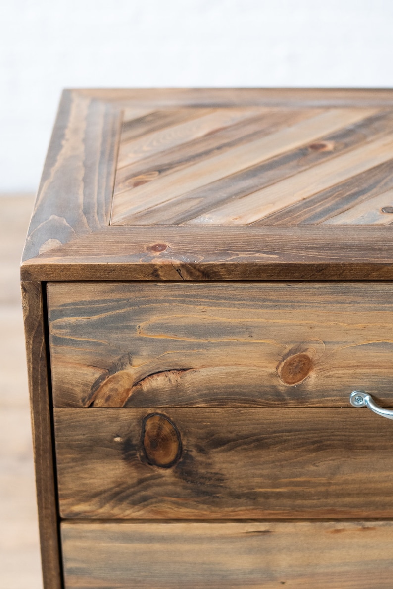 Natural solid wood dresser or storage chest. Furniture for home storage. Chevron pattern detailing. Solid wood drawers. Handcrafted in the USA. Heirloom quality. Sustainably sourced. Bedroom.