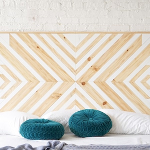 Natural solid wood headboard or bed board with platform bed frame. Unique and eclectic design. Handcrafted in the USA. Heirloom quality furniture. Sustainably sourced materials. Bedroom.