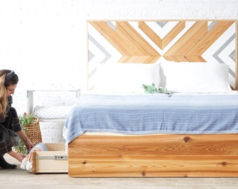 The Tribal Stow - Storage Bed - Natural Chevron Headboard - Platform Bed - Natural Solid Wood