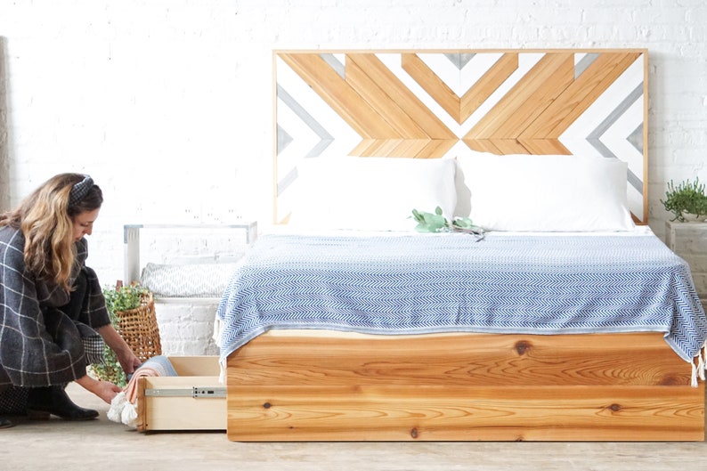 Storage bed. Platform bed frame. Natural solid wood headboard or bed board. Unique and eclectic design. Handcrafted in the USA. Heirloom quality furniture. Sustainably sourced materials. Bedroom furniture. Drawers.