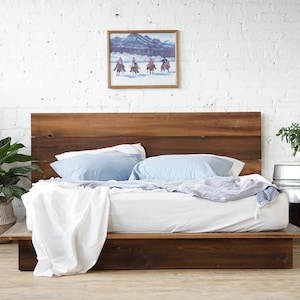 Natural solid wood platform bed frame. Modern, rustic design. Made in the USA.