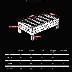 May include: A black and white illustration of a wooden bed frame with measurements for different bed sizes, including twin, twin XL, full, queen, king, and California king. The illustration shows the length, width, height, headboard height, and clearance of each bed size. The text "The Carolina Stow Bed Guide" is at the top of the illustration. The text "Drawers are 42" wide x 15" deep x 7" tall" is at the bottom of the illustration.