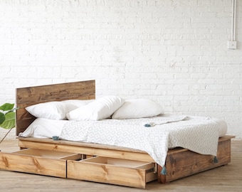 Low Pro Stow - Rustic Modern Platform Bed Frame and Headboard - Loft Style - Storage Bed