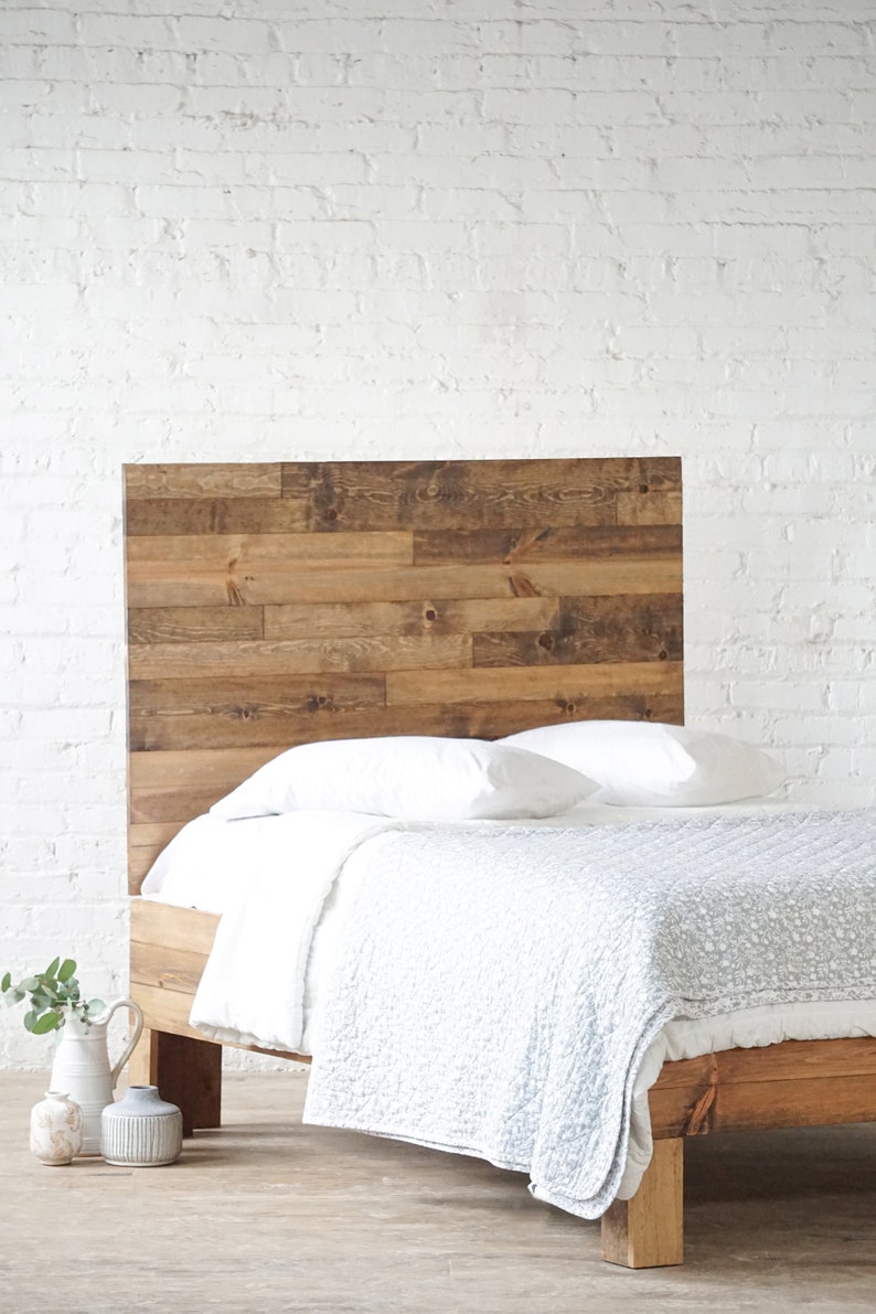 Platform bed frame and headboard set. Made of natural solid wood. Handcrafted in the USA. Heirloom quality furniture. Sustainably sourced materials. Farmhouse. Cottage. Barn wood style.