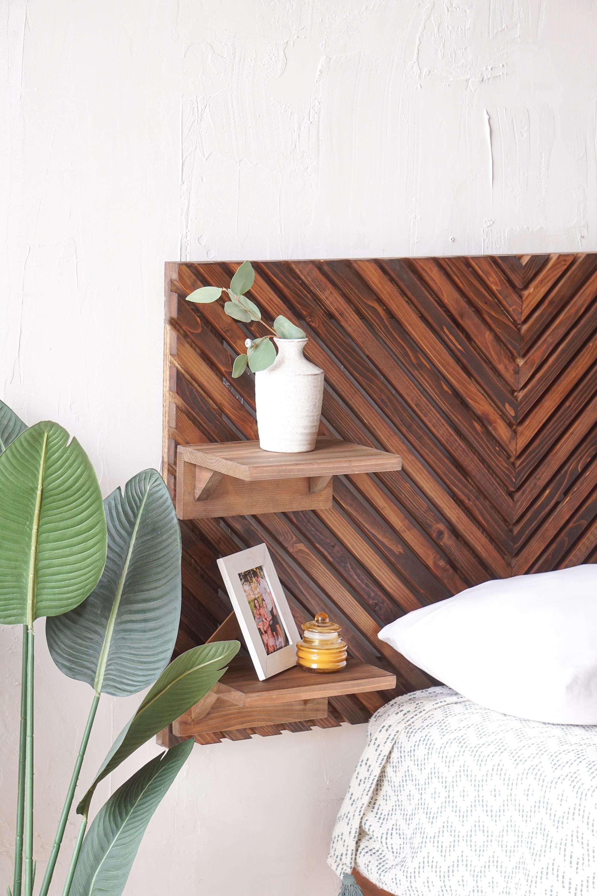 floating shelves above bed headboard design, wooden slats headboard herringbone pattern, mirror headboard installation with heavy-duty wall anchors