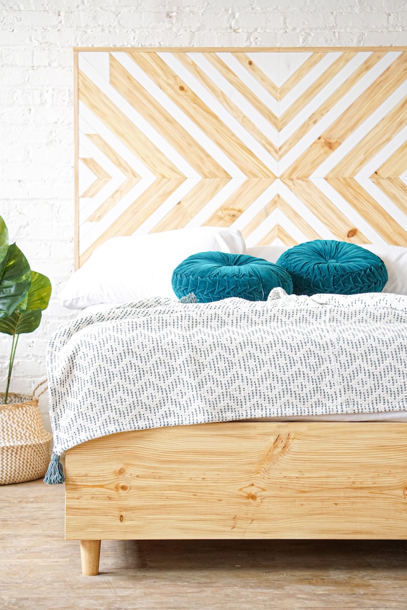 Natural solid wood headboard or bed board with platform bed frame. Unique and eclectic design. Handcrafted in the USA. Heirloom quality furniture. Sustainably sourced materials. Bedroom.