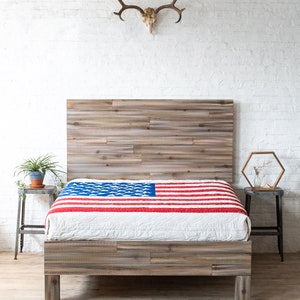 Platform bed frame and headboard set. Made of natural solid wood. Handcrafted in the USA. Heirloom quality furniture. Sustainably sourced materials. Farmhouse. Cottage. Barn wood style.