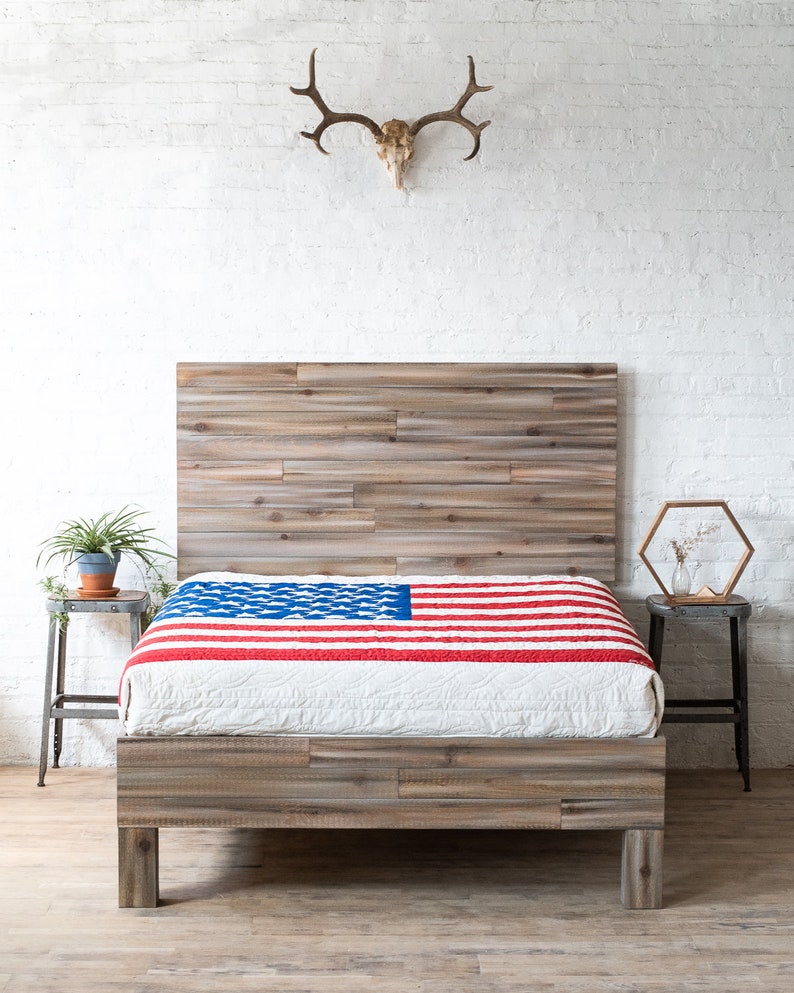 Platform bed frame and headboard set. Made of natural solid wood. Handcrafted in the USA. Heirloom quality furniture. Sustainably sourced materials. Farmhouse. Cottage. Barn wood style.