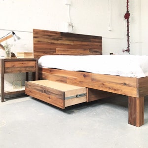 Natural solid wood platform bed frame with storage drawers. Modern, rustic design. Made in the USA. Sustainably sourced materials. Heirloom quality furniture. Bedroom. Home Storage. Headboard.