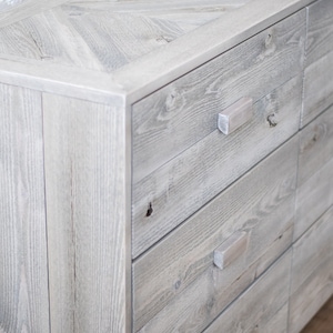 Natural solid wood dresser or storage chest. Furniture for home storage. Chevron pattern detailing. Solid wood drawers. Handcrafted in the USA. Heirloom quality. Sustainably sourced. Bedroom.