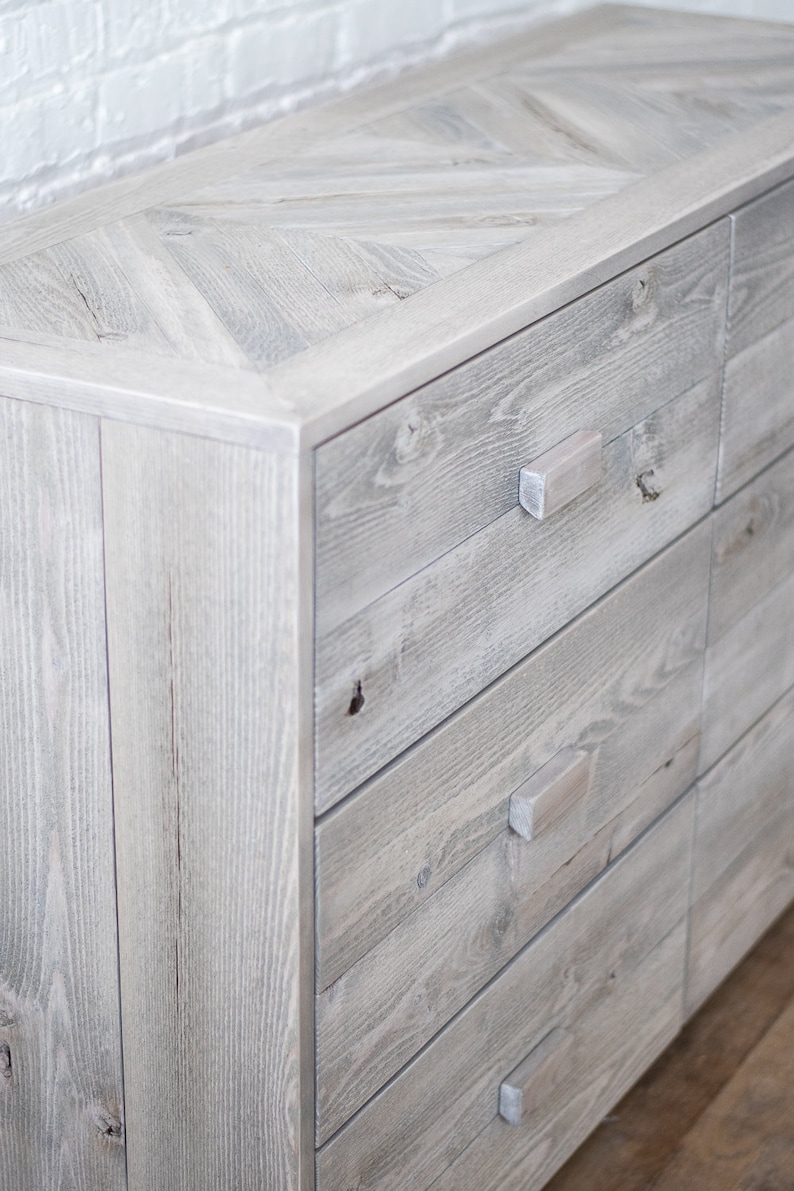 Natural solid wood dresser or storage chest. Furniture for home storage. Chevron pattern detailing. Solid wood drawers. Handcrafted in the USA. Heirloom quality. Sustainably sourced. Bedroom.