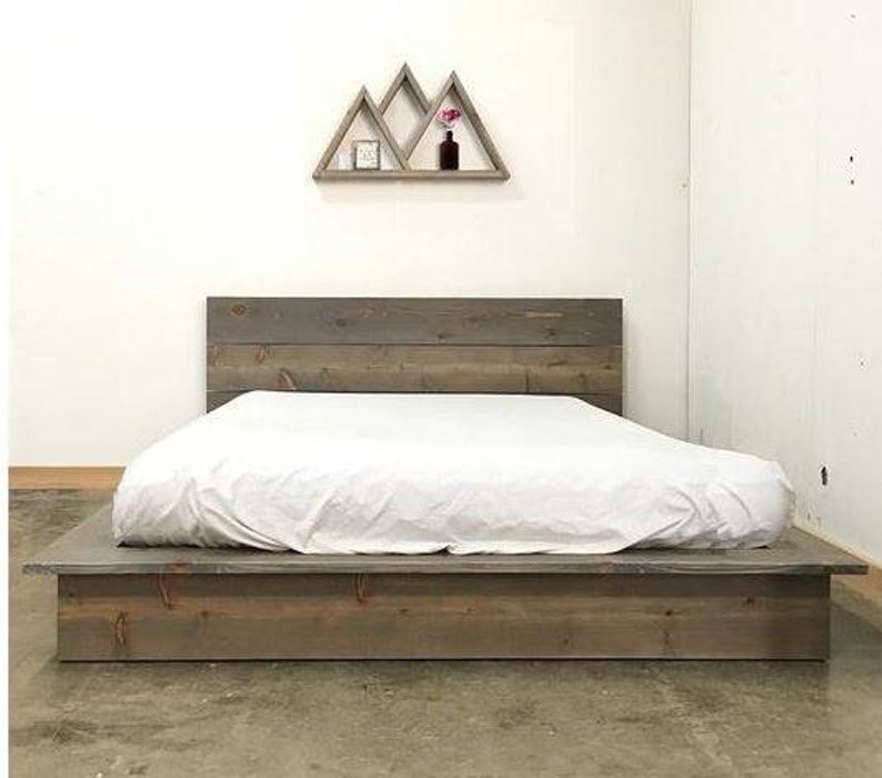 Natural solid wood platform bed frame. Modern, rustic design. Made in the USA.
