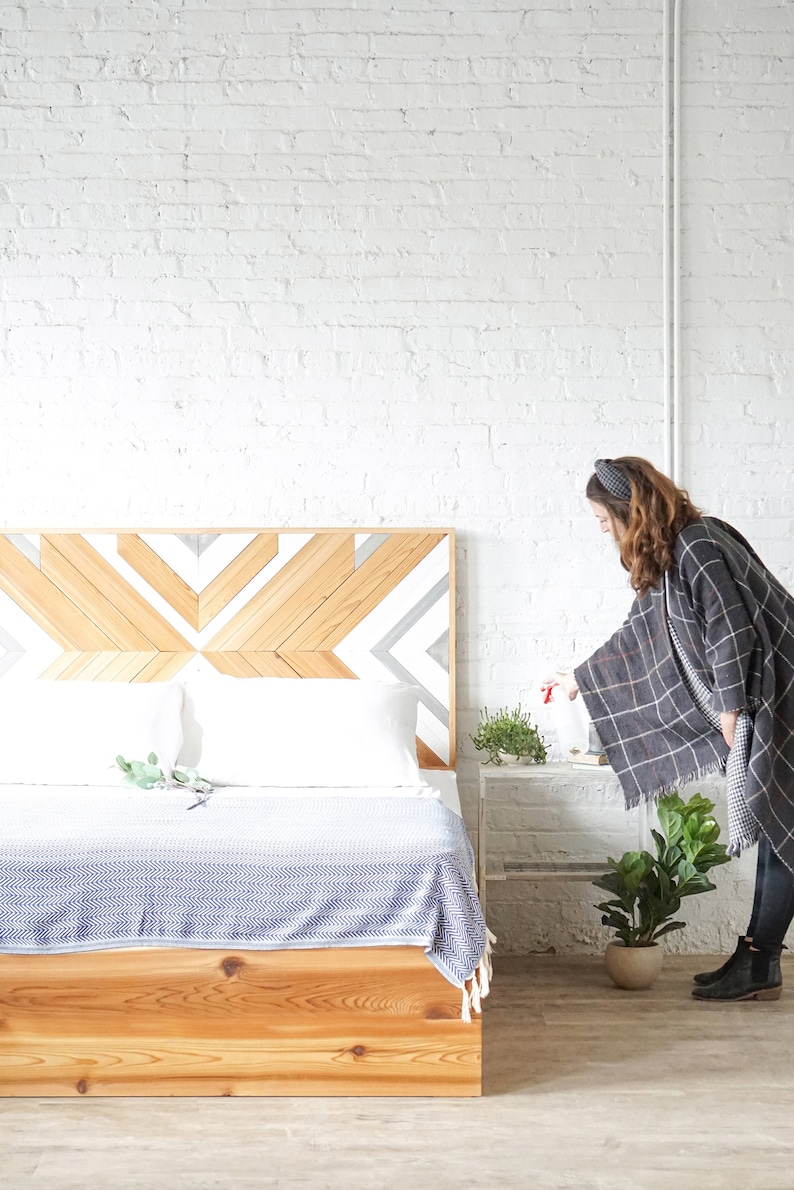 Storage bed. Platform bed frame. Natural solid wood headboard or bed board. Unique and eclectic design. Handcrafted in the USA. Heirloom quality furniture. Sustainably sourced materials. Bedroom furniture. Drawers.