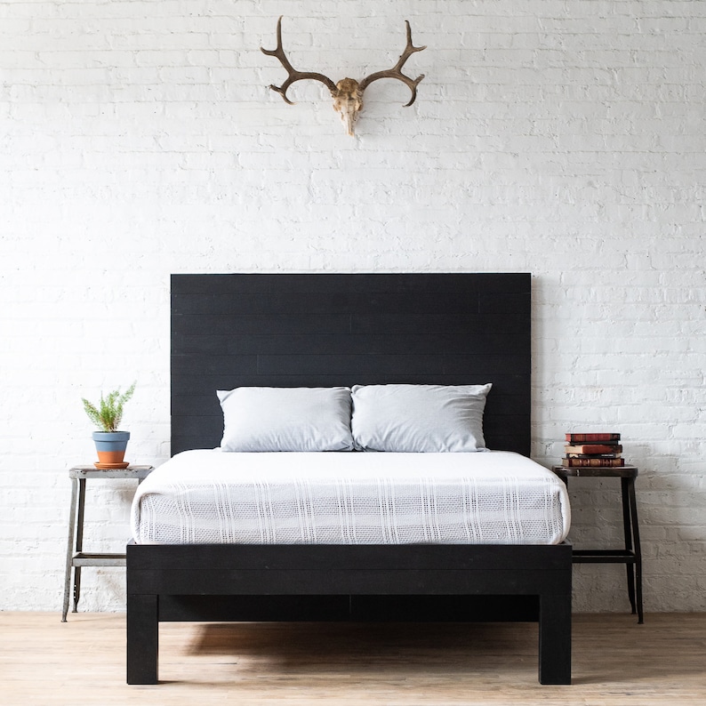 Natural solid wood platform bed frame with storage drawers. Modern, rustic design. Made in the USA. Sustainably sourced materials. Heirloom quality furniture. Bedroom. Home Storage. Headboard.