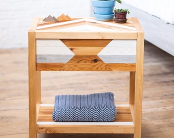 Tribal Rustic Chevron Solid Barn Wood Bedside Table / End Table - Handmade in USA