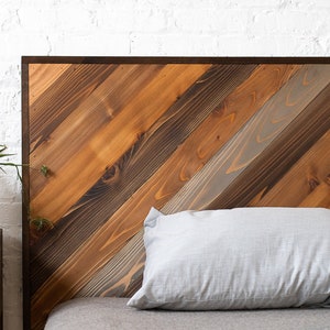 Natural solid wood headboard. Modern, rustic design. Handcrafted in the USA. Chevron design headboard or bed board. Bedroom.