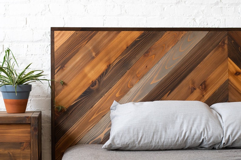 Natural solid wood headboard. Modern, rustic design. Handcrafted in the USA. Chevron design headboard or bed board. Bedroom.