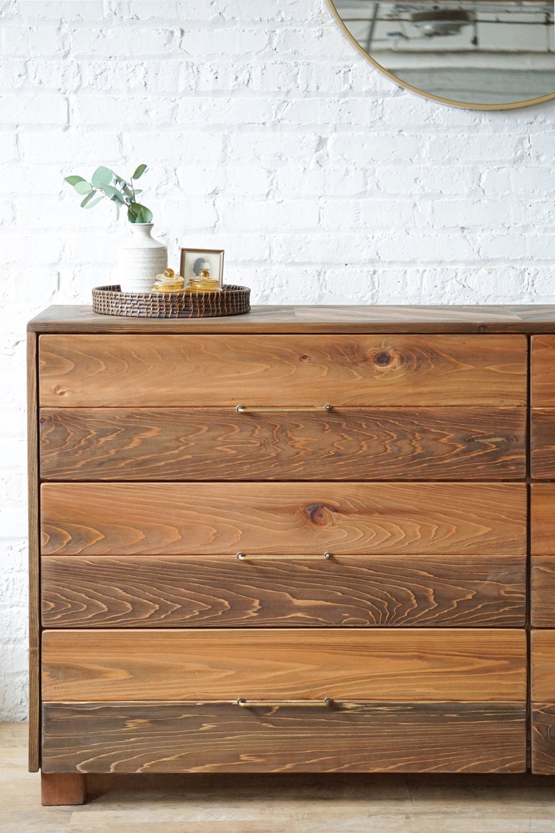 Natural solid wood dresser or storage chest. Furniture for home storage. Chevron pattern detailing. Solid wood drawers. Handcrafted in the USA. Heirloom quality. Sustainably sourced. Bedroom.