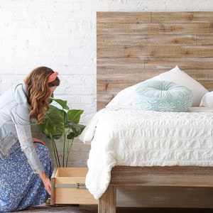 Natural solid wood platform bed frame with storage drawers. Modern, rustic design. Made in the USA. Sustainably sourced materials. Heirloom quality furniture. Bedroom. Home Storage. Headboard.