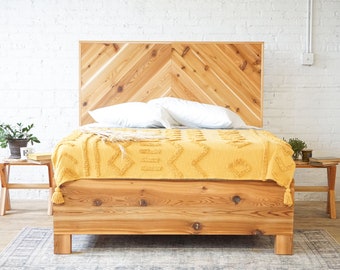 The Side x Side Stow - Platform Bed Frame and Headboard - Chevron Headboard - Modern Rustic - Storage Bed - Drawer - Handmade in USA