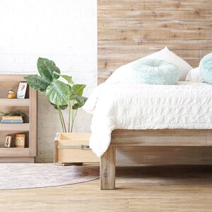 Natural solid wood platform bed frame with storage drawers. Modern, rustic design. Made in the USA. Sustainably sourced materials. Heirloom quality furniture. Bedroom. Home Storage. Headboard.