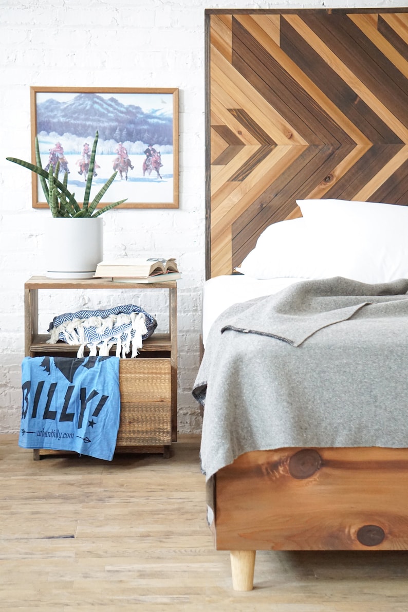 Natural solid wood headboard or bed board with platform bed frame. Unique and eclectic design. Handcrafted in the USA. Heirloom quality furniture. Sustainably sourced materials. Bedroom.